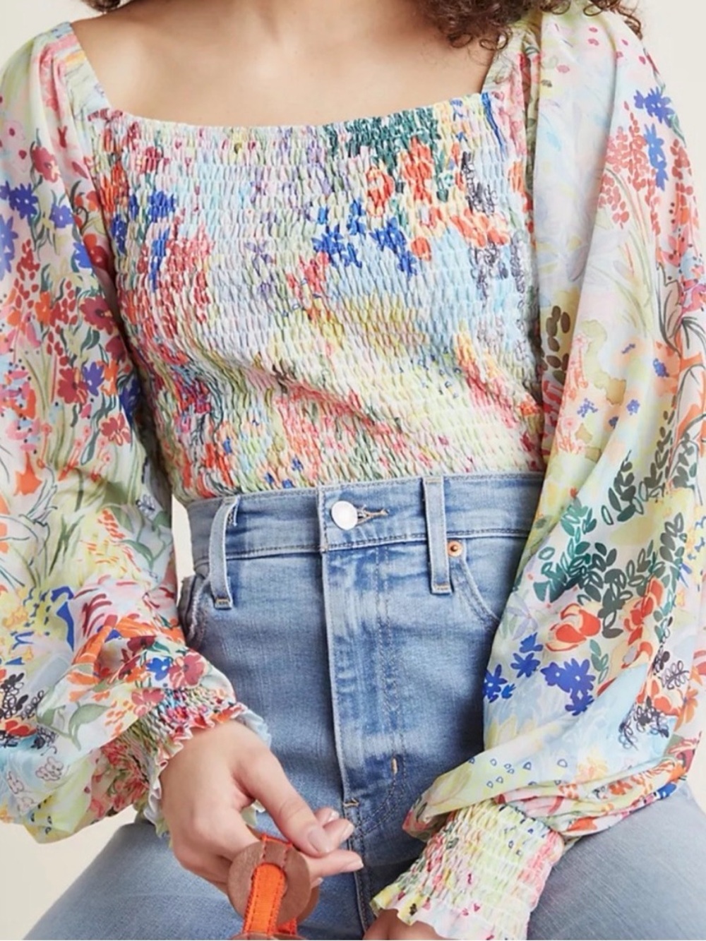 Anthropologie Floral Smocked Square-Neck Long Sleeve Top
